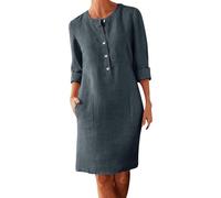 Vestidos de verano de lino con botones, talla grande, cuello redondo, manga larga, casual, sueltos, con dos bolsillos, gris oscuro, XL