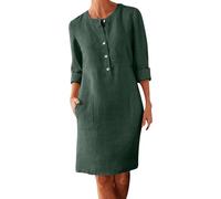 Vestidos de verano de lino con botones, vestido camisero de talla grande, cuello redondo, manga larga, casual, holgado, con dos bolsillos, verde, XXL