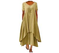 Vestidos De Verano Lino Mujer Algodón Casual Elegante Vestidos De Lino Largo Anchos Cómodo Vestidos De Sol Manga Corta Tallas Grandes Vestido De Playa Vestido De Playa Cubierta De Traje Elástico Suave