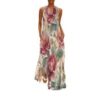 Vestidos De Verano Mujer Ilustración Botánica Vintage Talla Grande Sin Mangas Boho Vestidos Floral Elegante Verano Informal Suelto Vestido Largo Ligero Transpirable Boho Fiesta Vestido Maxi, Beige
