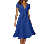 Vestidos de verano para mujer 2025 para mujer, casual, elegante, color sólido, cuello en V, manga corta, estampado de flores, vestido maxi para mujer, azul, XL