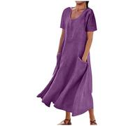 Vestidos de verano para mujer 2025 para vacaciones, a la moda, manga corta, cuello redondo, vestido de lino de algodón, suelto, vestido de playa, #G07-morado, XL