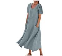 Vestidos de verano para mujer 2025 para vacaciones, a la moda, manga corta, cuello redondo, vestido de lino de algodón, suelto, vestido de playa, #G10-gris, XL