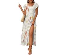 Vestidos de Verano para Mujer Amapola, Lavanda, Flores Silvestres Vestido Largo con Manga Volante Flores En Acuarela Vestidos Abertura Cintura Alta A-Line para Playa, Vacaciones y Diario