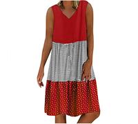 Vestidos de Verano para Mujer Bloques de Color Mangas Vestido de Verano Cuello en V Boho Floral Mini Swing Regalos Vestido túnica Informal Mujer Vestidos De Cuero Mujer (Red #3, M)
