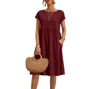 Vestidos de verano para mujer, casuales, cómodos, de algodón, de manga corta, tipo túnica, para playa, con bolsillos, Vino, M