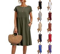 Vestidos de verano para mujer, casuales, cómodos, de algodón, de manga corta, tipo túnica, para playa, con bolsillos, verde, S