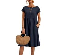 Vestidos de verano para mujer, casuales, cómodos, de algodón, de manga corta, tipo túnica, para playa, con bolsillos, azul marino, M
