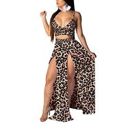 Vestidos de verano para mujer con curvas, trajes de dos piezas, tirantes de gasa, cuello en V profundo, vestido largo con abertura alta, conjunto de falda de playa, traje de baño marrón, leopardo,