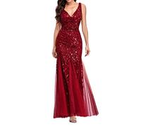 Vestidos de verano para mujer, con lentejuelas y cuello en V doble, bordado de encaje, vestido de noche para invitada de boda, Rojo-b, L