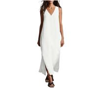 Vestidos de verano para mujer, cuello en V bajo, sin mangas, dobladillo dividido, color sólido, minimalista, caftán para mujer, Reino Unido, blanco, L