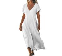 Vestidos de verano para mujer, de algodón, lino, cuello en V, vestidos clásicos de manga corta, vestido de mujer relajado, ajuste grande, ligero, vestido de playa para respirar, ajuste holgado, ropa