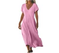 Vestidos de verano para mujer, de algodón, lino, cuello en V, vestidos clásicos de manga corta, vestido de mujer relajado, ajuste grande, ligero, vestido de playa para respirar, ajuste holgado, ropa