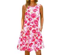 Vestidos de verano para mujer del Reino Unido y cuello redondo suelto sin mangas con tirantes y bolsillo, rosa, XL