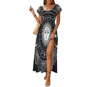Vestidos de Verano para Mujer Dios Sol Dios Luna Vestido Largo con Manga Volante Viento De Brújula Mística Vestidos Abertura Cintura Alta A-Line para Playa, Vacaciones y Diario