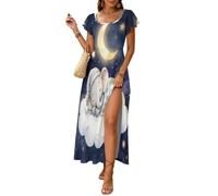 Vestidos de Verano para Mujer Elefante Durmiendo Vestido Largo con Manga Volante Buenas Noches Al Estilo De Los Cuentos De Hadas Vestidos Abertura Cintura Alta A-Line para Playa, Vacaciones y Diario