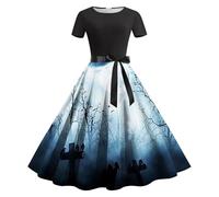 Vestidos de verano para mujer, Halloween, gótico, manga corta, elegante, vestido de fiesta, cuello redondo, vestido de noche con impresión 3D, vestido de cóctel, vestido midi para disfraz de Halloween