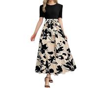 Vestidos de verano para mujer, ligeros, elegantes, largos, cuello redondo, vestido midi de cintura alta, vestido maxi de manga corta, acampanado, vestido floral, vestido de baile, informal, vestido de
