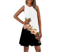 Vestidos de verano para mujer, ligeros y aireados, sin mangas, hasta la rodilla, vestido midi ligero, cuello redondo, vestido de playa, sin mangas, vestido informal con flores, estampado festivo