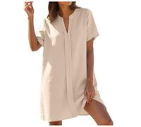 Vestidos De Verano Para Mujer Manga Corta Cuello En V Holgados Color Solido Estilo Boho Linea A Midi Con Bolsillos Sin Arrugas Ideal Cover Up De Playa Y Beachwear Disponible En Tallas S XXL (Beige, L)