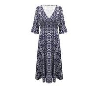 Vestidos de verano para mujer, talla grande, casual, estampado, cuello en V, cintura alta, vestido largo de verano y otoño, para mujer, pequeño, cómodo, suave, transpirable, azul marino, X-Large