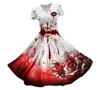 Vestidos de verano para mujer, vestido de verano con estampado de sangre, vestido de cóctel, elegante, largo hasta la rodilla, vestido casual, vestido de baile, disfraz de Halloween, rojo, XXL