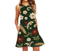 Vestidos de verano para mujer, vestido floral del Reino Unido, vestido midi de algodón y lino, ajuste holgado con bolsillos, cuello redondo, sin mangas, casual, playa, ropa de mujer, vestido de verano