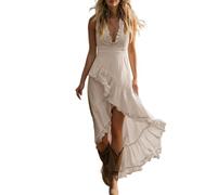Vestidos de Verano para Mujer,Vestido Sexy Sin Mangas con Cuello V Profund Moda Color Sólido Vestidos Estilo Occidental con Bajo Asimétrico y Volantes Elegante Boho Chic Vestido Verano