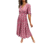 Vestidos de verano para mujer, vestidos de verano para mujer, 2024, cuello en V, manga corta, cintura alta, línea A, trajes para mujer, rosa, M