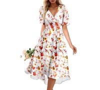Vestidos De Verano para Mujer, Vestidos Mujer Verano De Vestido Midi Manga Corta con Cuello En V Y Estampado Floral Vintage para Vestido con Volantes Y Corte En A Playa Bohemio Cintura Alta Elegante
