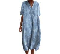 Vestidos de verano para mujer, vintage, floral, algodón, lino, vestido casual, cuello en V, manga corta, holgado, vestido largo de gran tamaño, vestido largo para mujer, fiesta, vacaciones, playa