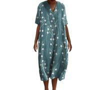 Vestidos de verano para mujer, vintage, floral, algodón, lino, vestido casual, cuello en V, manga corta, holgado, vestido largo de gran tamaño, vestido largo para mujer, fiesta, vacaciones, playa