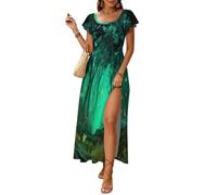 Vestidos de Verano para Mujer Vista Nocturna Ensueño Bosque, Vestido Largo Manga Volante Bosque Cuentos Hadas Luciérnagas Vestidos de Playa A-Line Vestido Informal Elegante con Fisiones