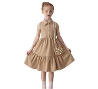 Vestidos de verano para niñas 2026 vestido de fiesta sin mangas con cuello de encaje, color sólido, festivo, para niños pequeños y como atuendo casual largo vestido de princesa negro, caqui, 4-5 años