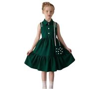 Vestidos de verano para niñas 2026 vestido de fiesta sin mangas con cuello de encaje, color sólido, festivo, para niños pequeños y como atuendo casual largo vestido de princesa negro, Verde oscuro., 2
