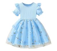 Vestidos de Verano para niñas, Vestido Informal de Malla con Estampado Floral para niñas pequeñas de 1 a 8 años, cómodo Conjunto de Juego con Tela para Uso Diario. (Blue, 7-8 Years)