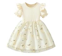Vestidos de Verano para niñas, Vestido Informal de Malla con Estampado Floral para niñas pequeñas de 1 a 8 años, cómodo Conjunto de Juego con Tela para Uso Diario. (Beige, 5-6 Years)