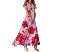 Vestidos De Verano, Vestido Invitada Comunion Vestido De Verano Mujer Vestidos Largo Elegante Manga Corta con Cuello En V Y Estampado Floral para Mujer Estilo A Ligero Ideal para El Veranos Paras