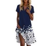 Vestidos De Verano, Vestidos Mujer Verano Vestido De Fiesta Mujer Vestido Casual Manga Corta con Cuello En V Y Estampado Floral para Tipo Camiseta Corto Holgado con Bolsillos Playa Ligero Y Vaporoso