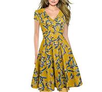 Vestidos Elegantes Floral Niña Mujer Verano, Amarillo Boho Chic Vestidos Tallas Grandes, Cuello en V Vestidos, hasta la Rodilla Plisado Vestido Coctel, Fiesta, Casual(L)