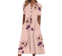 Vestidos Elegantes Niñas Mangas Largas Botón Vestido Corto Manga Estampado Floral V Vestido Casual de Mujer Chaqueta de Vestido Elegante, Rosa, L