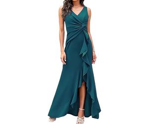 Vestidos Elegantes para Mujer Vestido Largo de Noche con Escote en V, sin Mangas, Fruncido, Corte Sirena, Vestido Formal para invitada de Boda, Verde, Talla pequeña