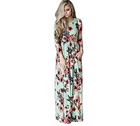 Vestidos Estampados Flores Mujer de Verano Cuello en V Manga 3/4 Cintura Alta con Cinturón Vintage Bohemio Hippie Chic Caftan Tunica Falda Wrap Vestido Imperio Largo para Playa Noche Ceremonia Fiesta