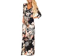 Vestidos Estampados Flores Mujer de Verano Cuello en V Manga 3/4 Cintura Alta con Cinturón Vintage Bohemio Hippie Chic Caftan Tunica Falda Wrap Vestido Imperio Largo para Playa Noche Ceremonia Fiesta