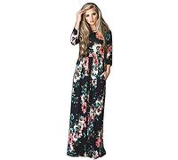 Vestidos Estampados Flores Mujer de Verano Cuello en V Manga 3/4 Cintura Alta con Cinturón Vintage Bohemio Hippie Chic Caftan Tunica Falda Wrap Vestido Imperio Largo para Playa Noche Ceremonia Fiesta