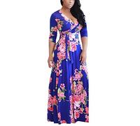 Vestidos Estampados Flores Mujer de Verano Cuello en V Manga 3/4 Cintura Alta con Cinturón Vintage Bohemio Hippie Chic Caftan Tunica Falda Wrap Vestido Imperio Largo para Playa Noche Ceremonia Fiesta
