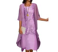 Vestidos florales fluidos para mujer con Chaqueta Conjunto de 2 piezas 3/4 Manga gasa pura Cóctel de verano Vestido de invitado de boda (Violeta,X-grande)