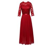Vestidos Formales de Mujer, Vestido Largo de Noche Encaje, Vestido invitada Boda, Dama Honor Gasa, Manga Larga, Elegante Rojo Vino, Talla pequeña