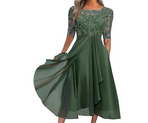 Vestidos Formales de Mujer, Vestido Maxi de Gasa y Encaje, Vestidos invitada Boda, Vestido Noche, Manga Corta, Largo, Verde, pequeño