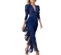 Vestidos Formales Elegantes con borlas Empalmadas for Mujer, Vestidos Ajustados Sexis Cuello en V Profundo, Vestido de Noche Manga Larga otoño Liso para Boda, Bola, Fiesta(Blue 1,XL)